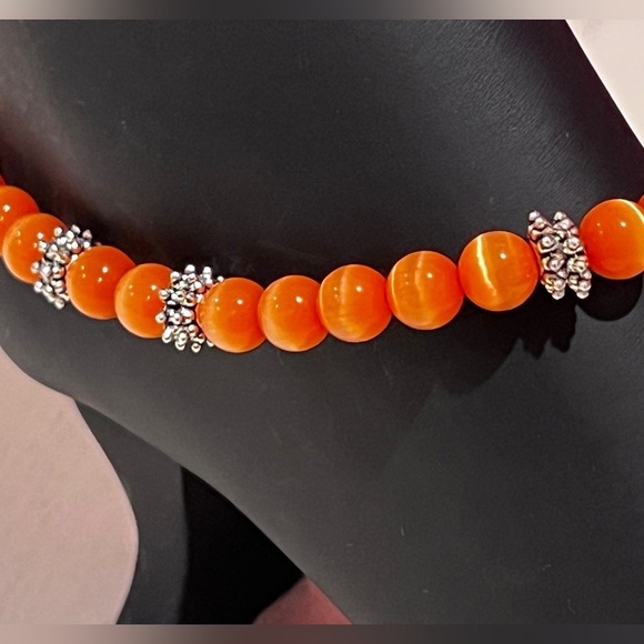 Orange Cat-Eye Handmade Beaded Ankle Bracelet with Silver Daisy Accents - Picture 2 of 6